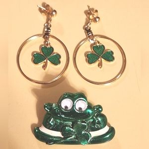 Creative Irish Gifts Shamrock Earrings & Whimsical Googly Eyes Irish Frog Pin